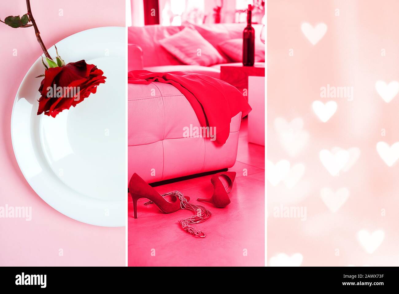 Valentines Day Modelayout mit weiblichem Accessoires auf klassischem rot-weißem Hintergrund. Weihnachten Neujahr, Valentinstag Party-Konzept. Flaches Layout, Kopierbereich. Stockfoto