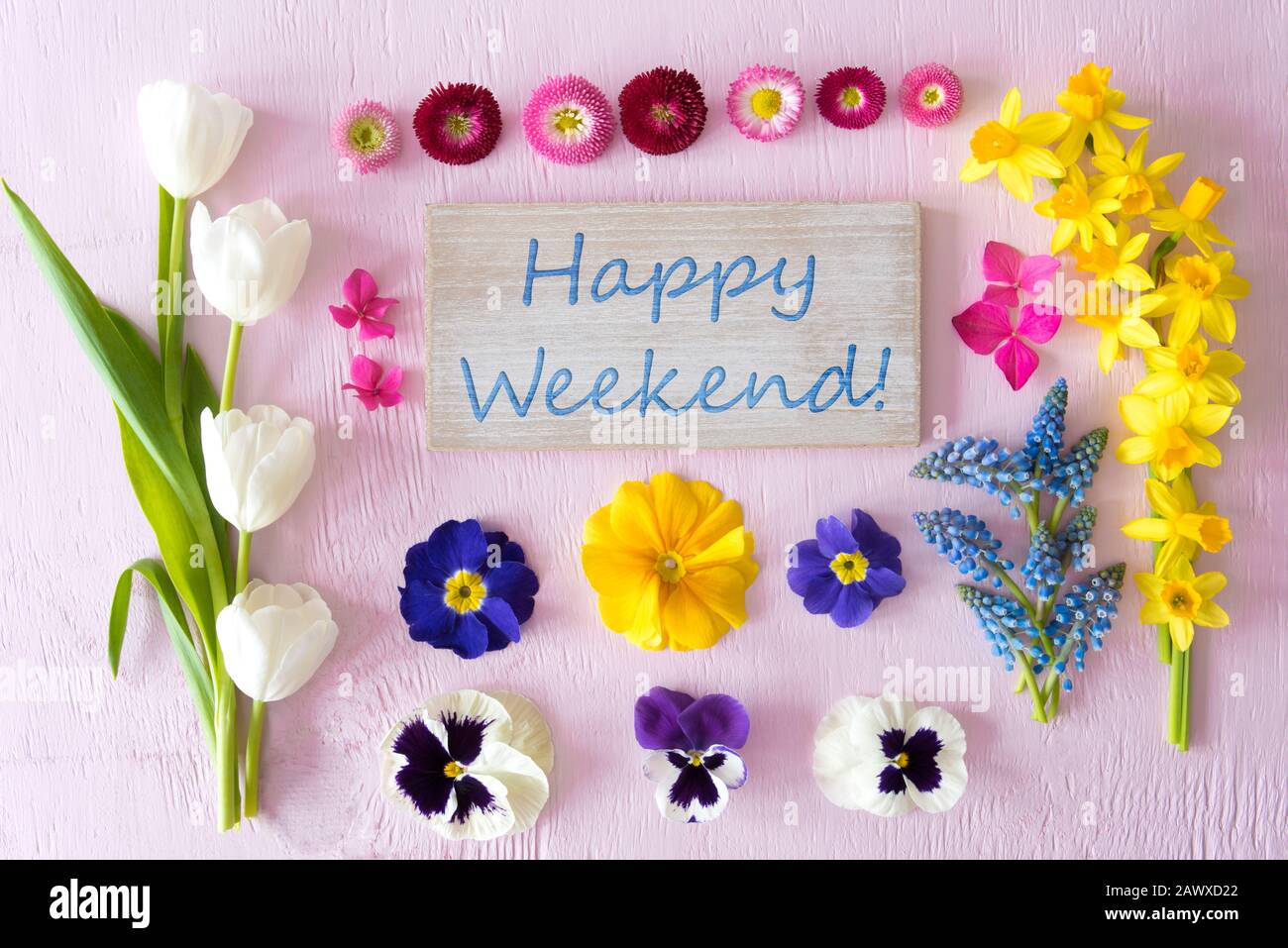 Flat Lay Mit Frühlingsblumenblüten, Schild, Text Happy Weekend Stockfoto