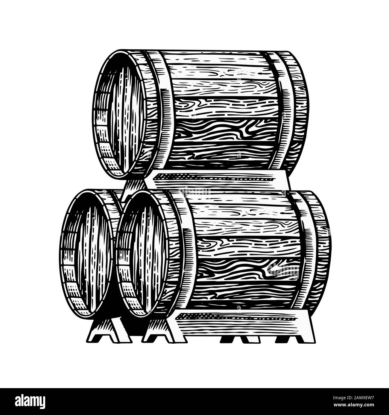 Holzfass mit Alkohol. Gefäß mit Wein, Brandy oder Whisky. Cask im Vintage-Stil. Handgezeichnete gravierte Skizze für Bar, Restaurantmenü, Banner oder Stock Vektor