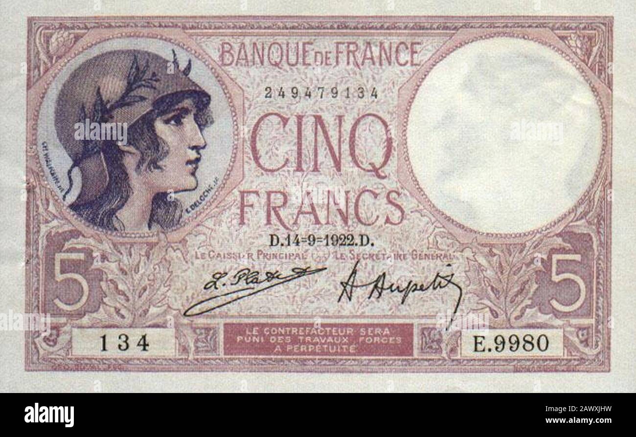 Frankreich 5 Francs-1922. Stockfoto