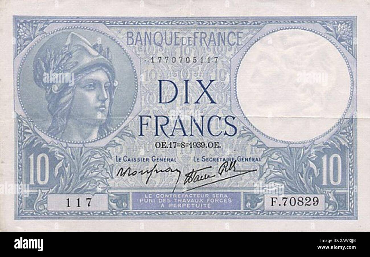 Frankreich 10 Francs-1939. Stockfoto