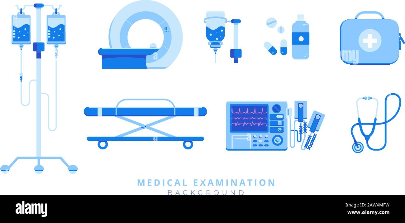 Medizinisches Notfallgerät mit Ambulanztragen, Defibrillator, Injektion, MRT, Stethoskop, Erste-Hilfe-Kit, intravenöse Infusion auf weißem Hintergrund isoliert Stock Vektor