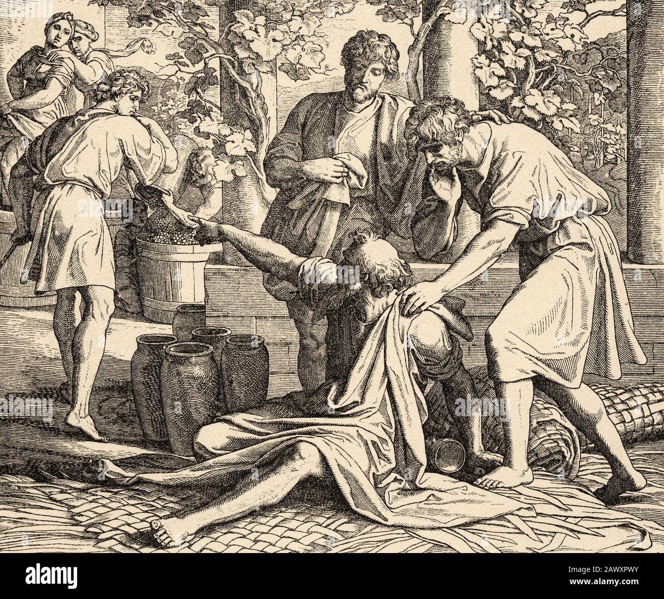 Genesis. Noah und seine Söhne Sem, Cham und Japhet. Missgötung des Vaters und Segen des Vaters. Heilige biblische Geschichte Altes Testamente. Alte Gravur Stockfoto