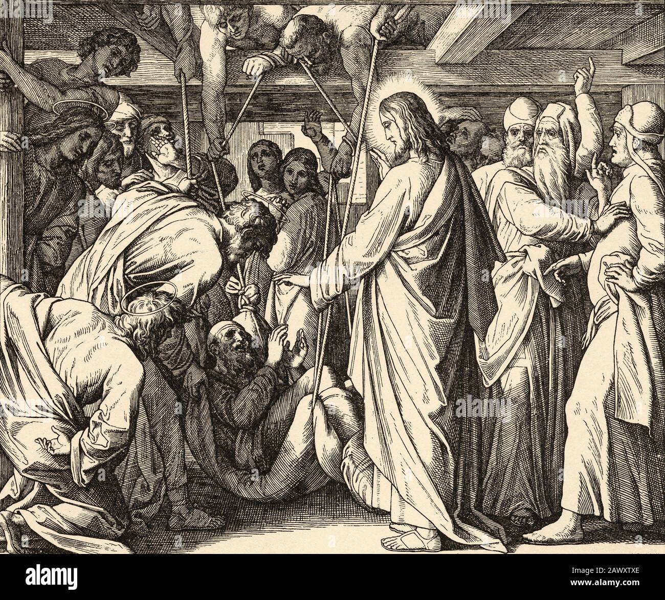 Die Heilung eines Gicht. Unser Herr Jesus verzeiht die Schuld und rettet die Lähmung. Lukasbuch, neutestamentliche biblische Geschichte. Alte Gravur Stockfoto