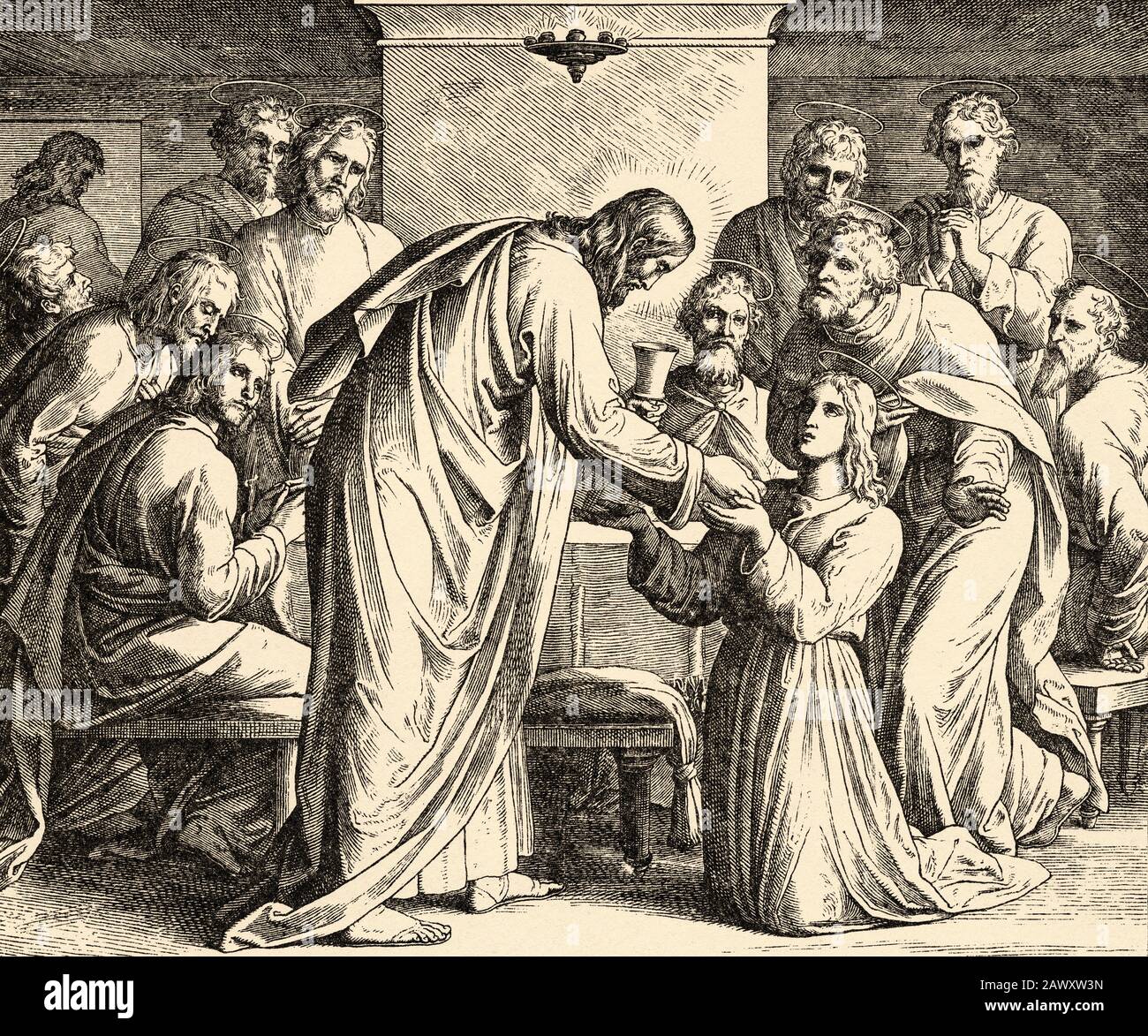 Die Einsetzung der Eucharistie. Unser Herr Jesus gibt, seinen Körper zu essen und sein Blut zu trinken. Matthäus-Buch, neutestamentliche biblische Geschichte Stockfoto Die Einsetzung der Eucharistie. Unser Herr Jesus gibt, seinen Körper zu essen und sein Blut zu trinken. Matthäus-Buch, neutestamentliche biblische Geschichte Stockfoto