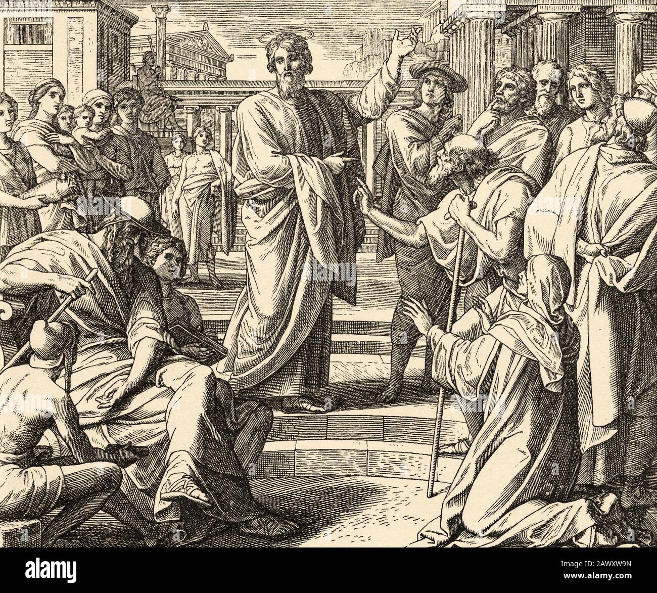 Paul bei den Weisen in Athen. Der Apostel Paul im Athener Areopagus wird Senator Dionisio. Apostelgeschichte, Neues Testament Stockfoto