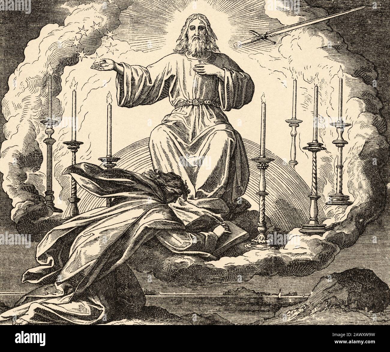 Die Offenbarung des heiligen Johannes. Der Herr Jesus, der Sohn Gottes, offenbart sich Johannes und macht große Enthüllungen. Enthüllungsbuch, Neues Testamente Stockfoto