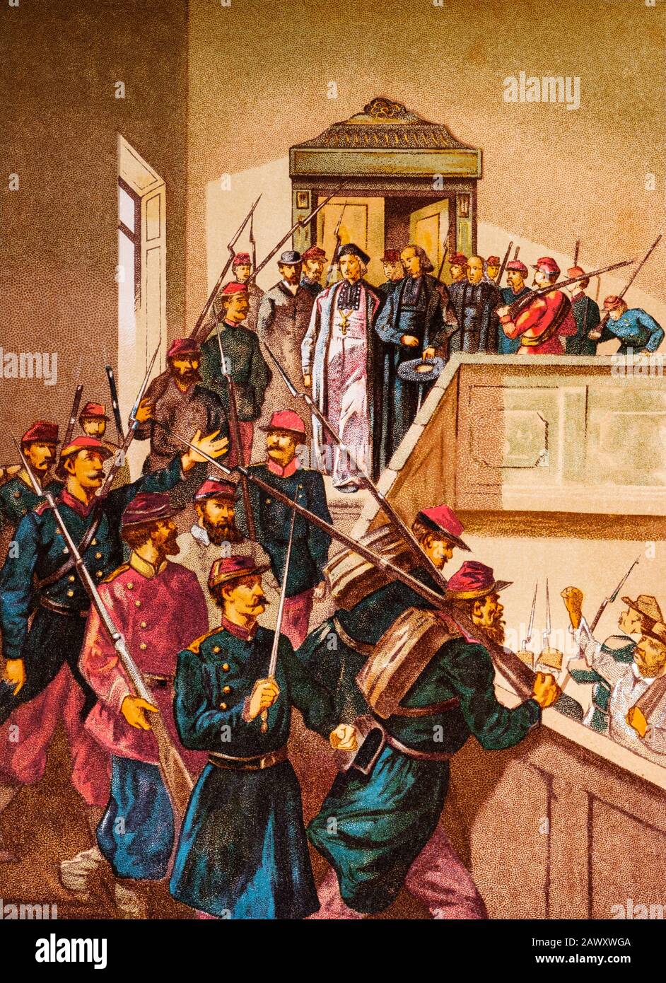 Darboy wird von den Revolutionären der Gemeinde verhaftet. Aufstand von Paris, 1871. Der französische Prälat und der Erzbischof von Paris Georges Darboy Stockfoto