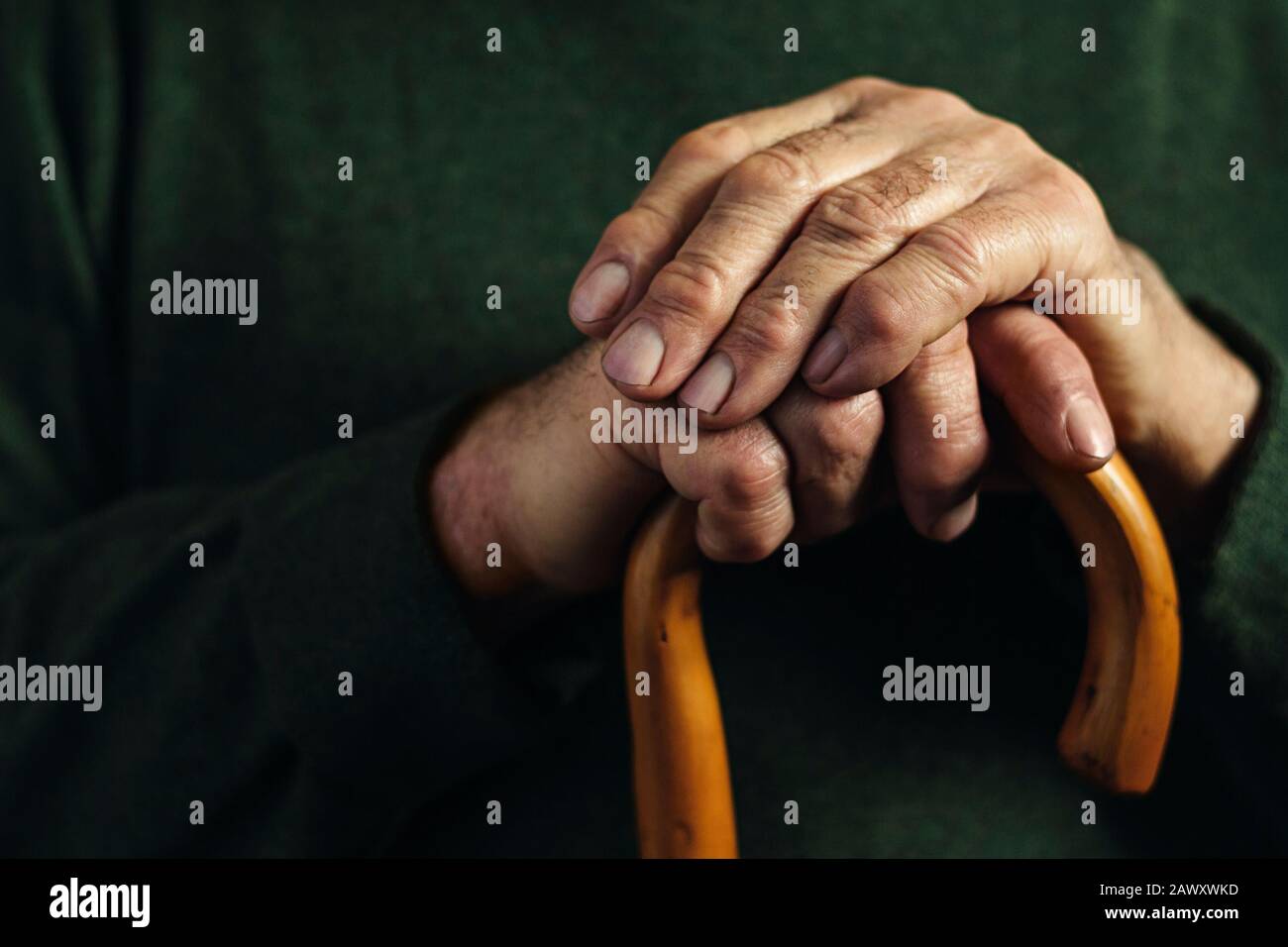Hände eines älteren Mannes, der einen Stock umklammert Stockfoto
