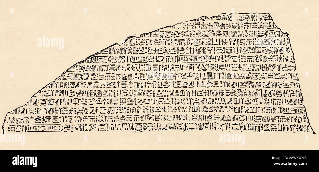 Der Stein von Rosetta, Hieroglyphische Schrift von 1829, altägyptisches Reich. Ägypten. Alte Gravurillustration aus dem Buch Universal-Geschichte von Oscar Jager Stockfoto