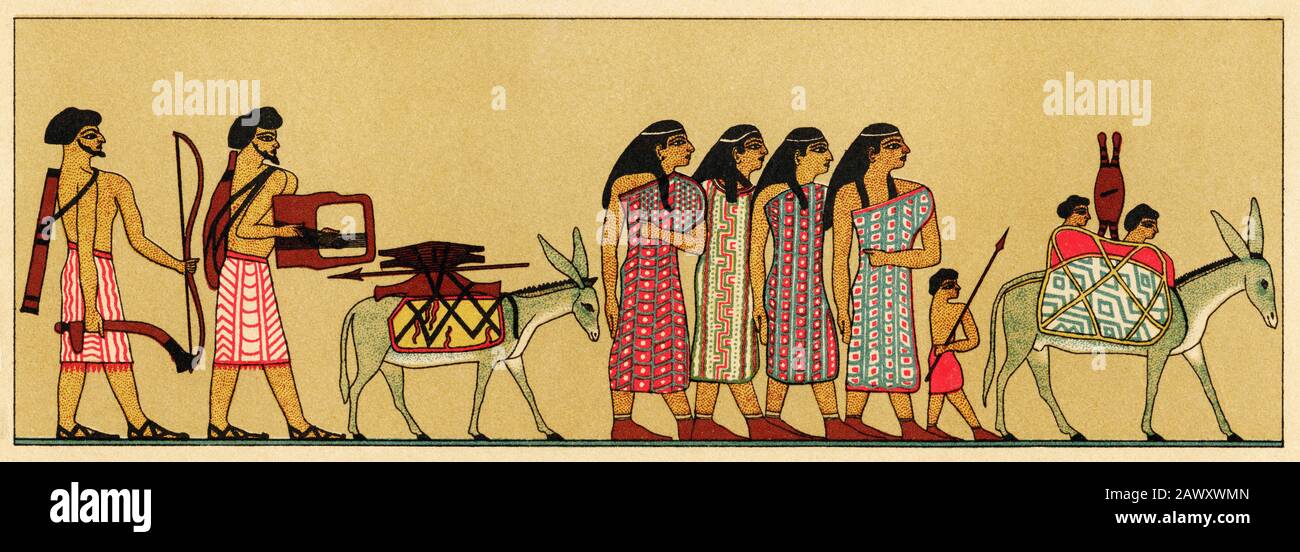 Farbbild. Altes Reich. Dynastie XII Beni Hassan. Beni Hasan Tomb 2. Nordseite, altägyptisches Reich. Ägypten. Alte Gravurdarstellung Stockfoto