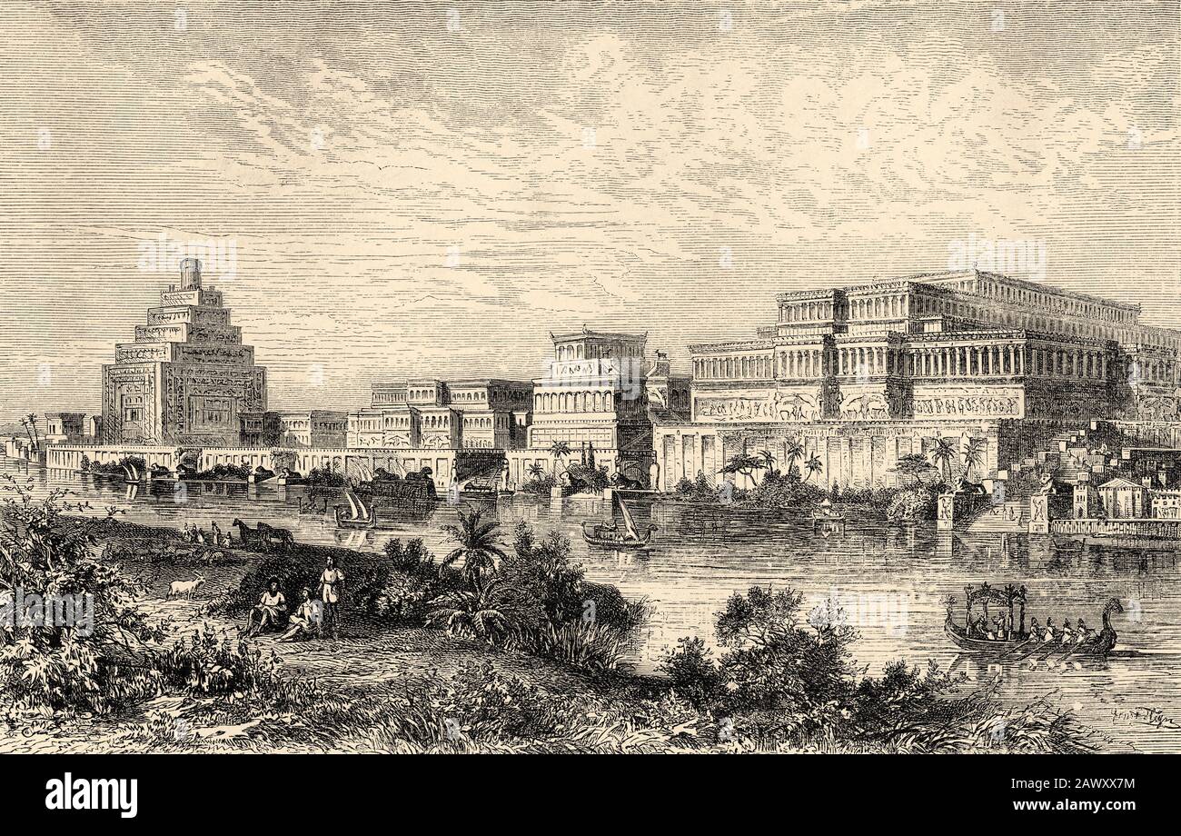 Palast der Könige von Assyrien zur Stadt Ninive. Assyrisches Reich. Alte Gravurillustration aus dem Buch Universal-Geschichte von Oscar Jager 1890 Stockfoto