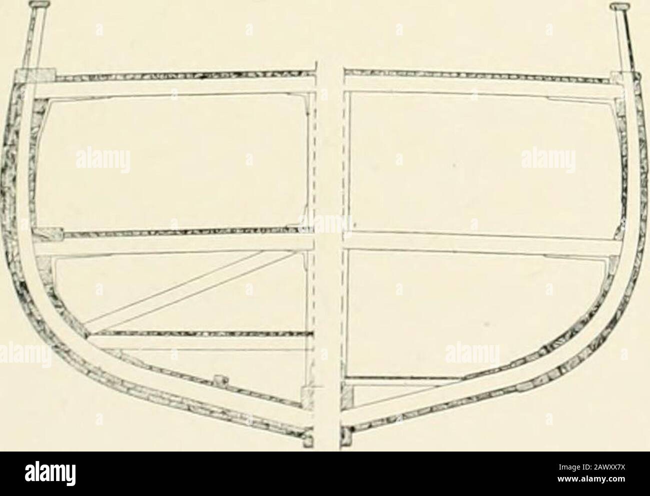 The Voyage of the Why Not?" in der Antarktis, der Zeitschrift der zweiten französischen Südpolar-Expedition, 1908-1910. Der Plan für die Pourquoi-Pas ?. Abschnitte des Puurquoi-Pas r (links) und eines Gewöhnlichen Bootes derselben Tonnage (rechts). Einführung Ihr Bogen, der dazu aufgerufen wäre, den Abtrennungen standzuhalten, war besonders gepflegt worden. Dieser wurde verycompactly gebaut und innen mit kräftigen Bändern ausgestattet, außen mit Panzerplatten und dickem verzinktem Eisenlech, während seine Linien abgerundet wurden, um ihn über das Eis zu reiten und durch das Gewicht des Gefäßes zu brechen. Stockfoto