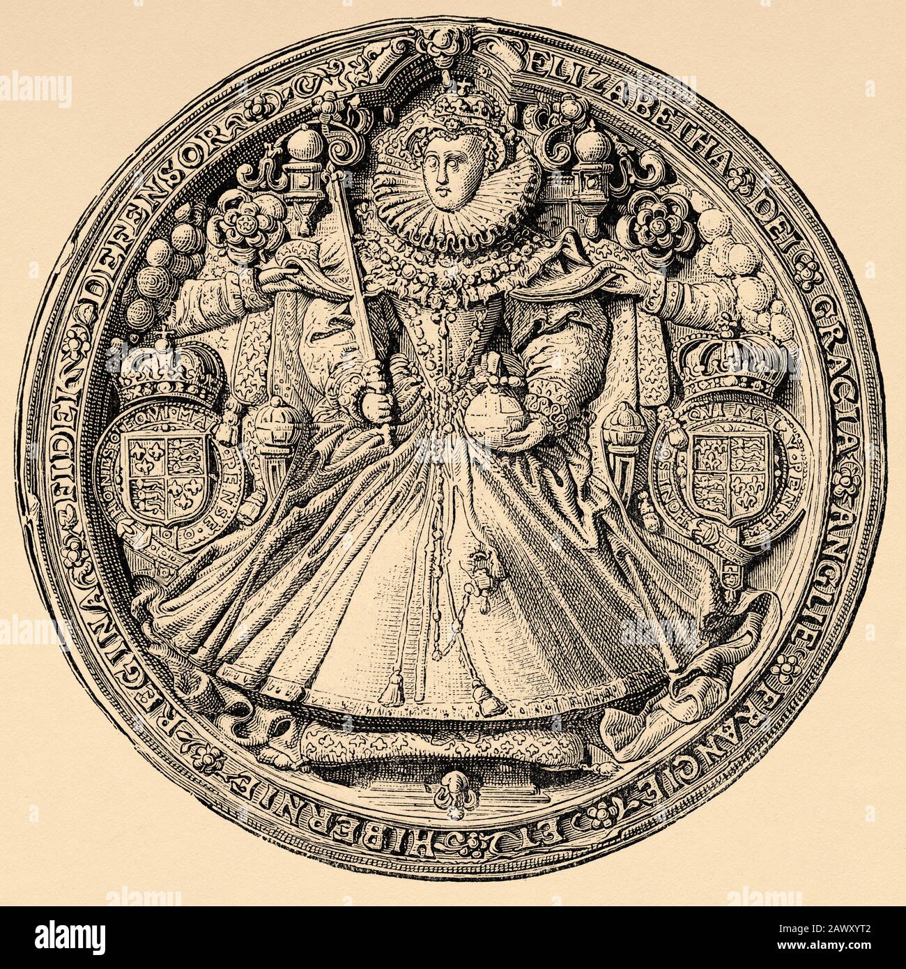 Portrait-Medaille von Elizabeth I. von England. The Virgin Queen, Gloriana oder The Good Queen Bess (Greenwich, 7. September 1533 - Richmond, 24. März 1603). Stockfoto