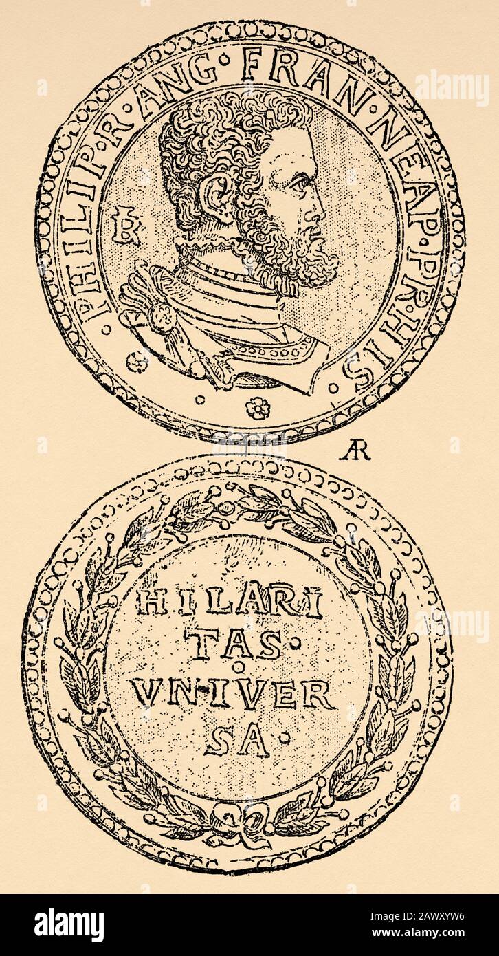 Silbernes Neapel Ducat von König Philipp II. Von Spanien. Jahrhundert. Geschichte von Philipp II. Von Spanien. Alte Gravur veröffentlicht in Historia de Felipe II Stockfoto