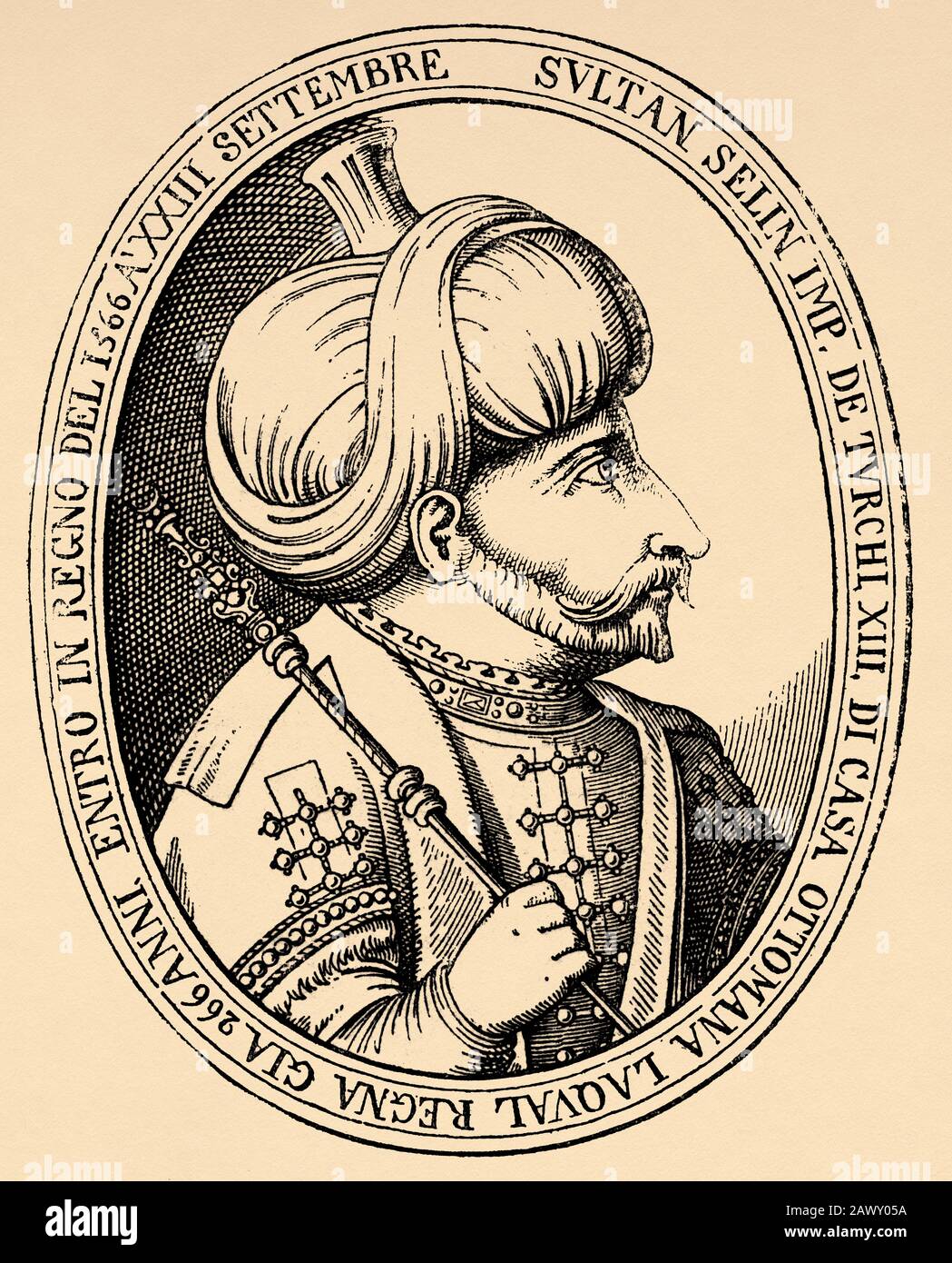 Porträt von Selim II (28. Mai 1524 - 12. Dezember 1574) regierte als Sultan des Osmanenreiches. Er wurde in Constantinopel als Sohn von Suleiman geboren Stockfoto