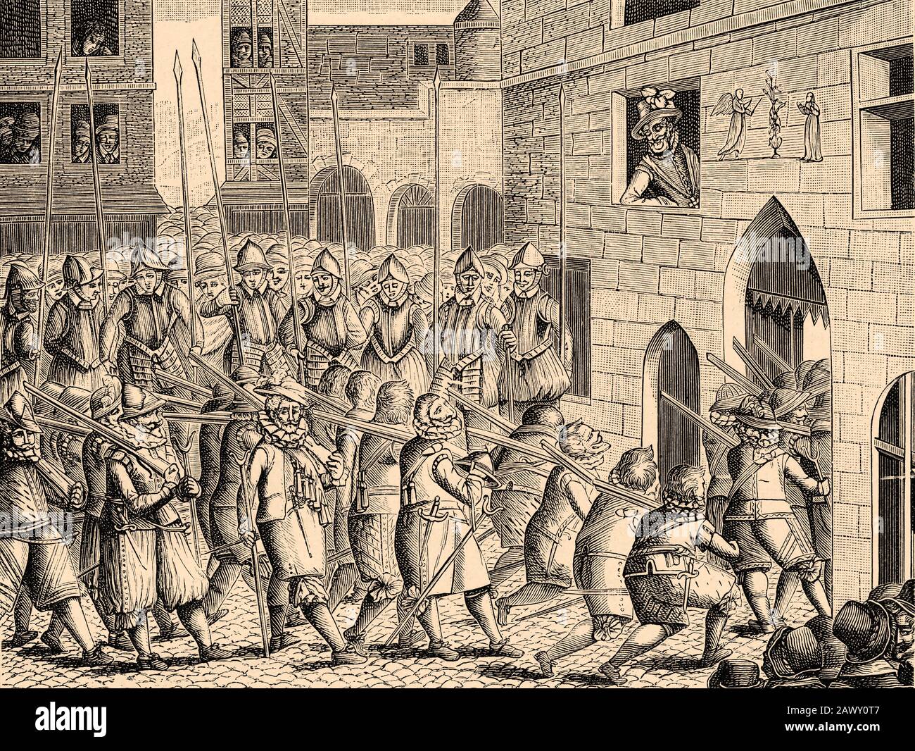 Heinrich IV. Von Frankreich beobachtet die Abreise der Spanier aus Porte Saint-Denis, Paris 22. März 1594. Geschichte von Philipp II. Von Spanien. Alte Gravur Stockfoto