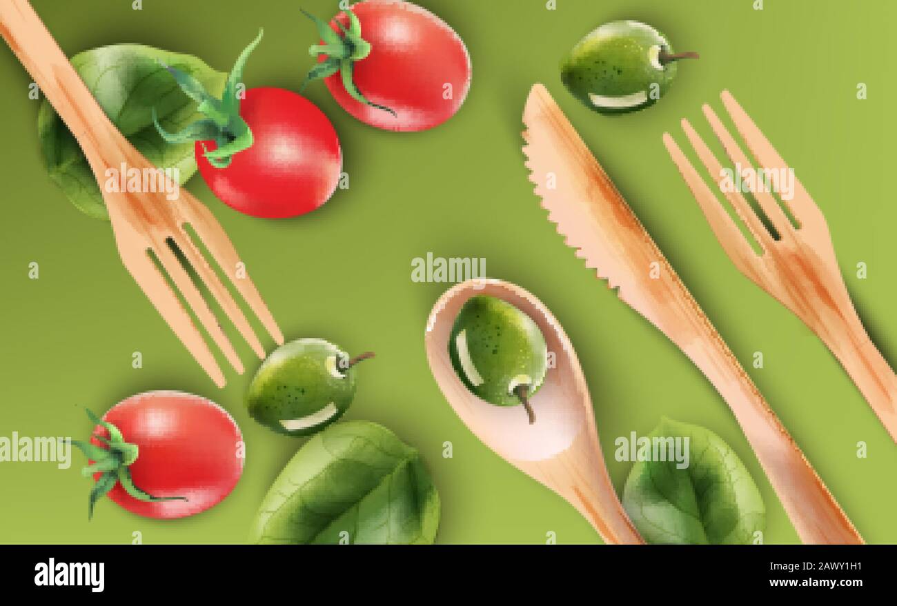 Aquarellzusammensetzung mit Holzessgeräten und Gemüse. Rote Tomaten, Oliven. Grüner Hintergrund. Ökologische Produkte Vektor Stock Vektor