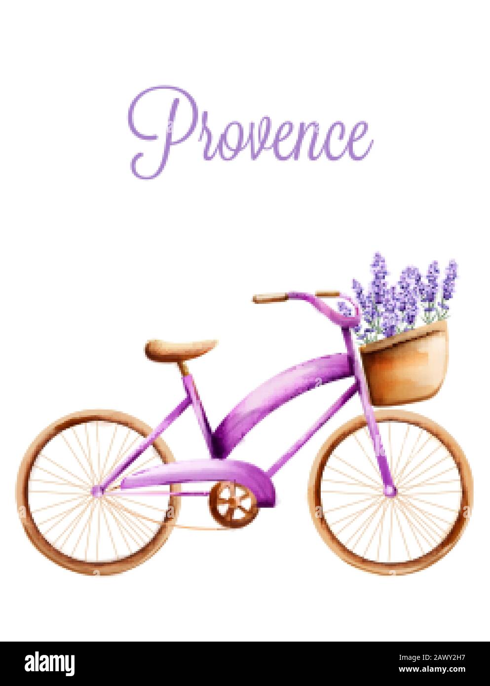 Violettes Fahrrad mit Lavendel im vorderen Korb. Klassische Reifen. Vektor für Wasserfarben Stock Vektor