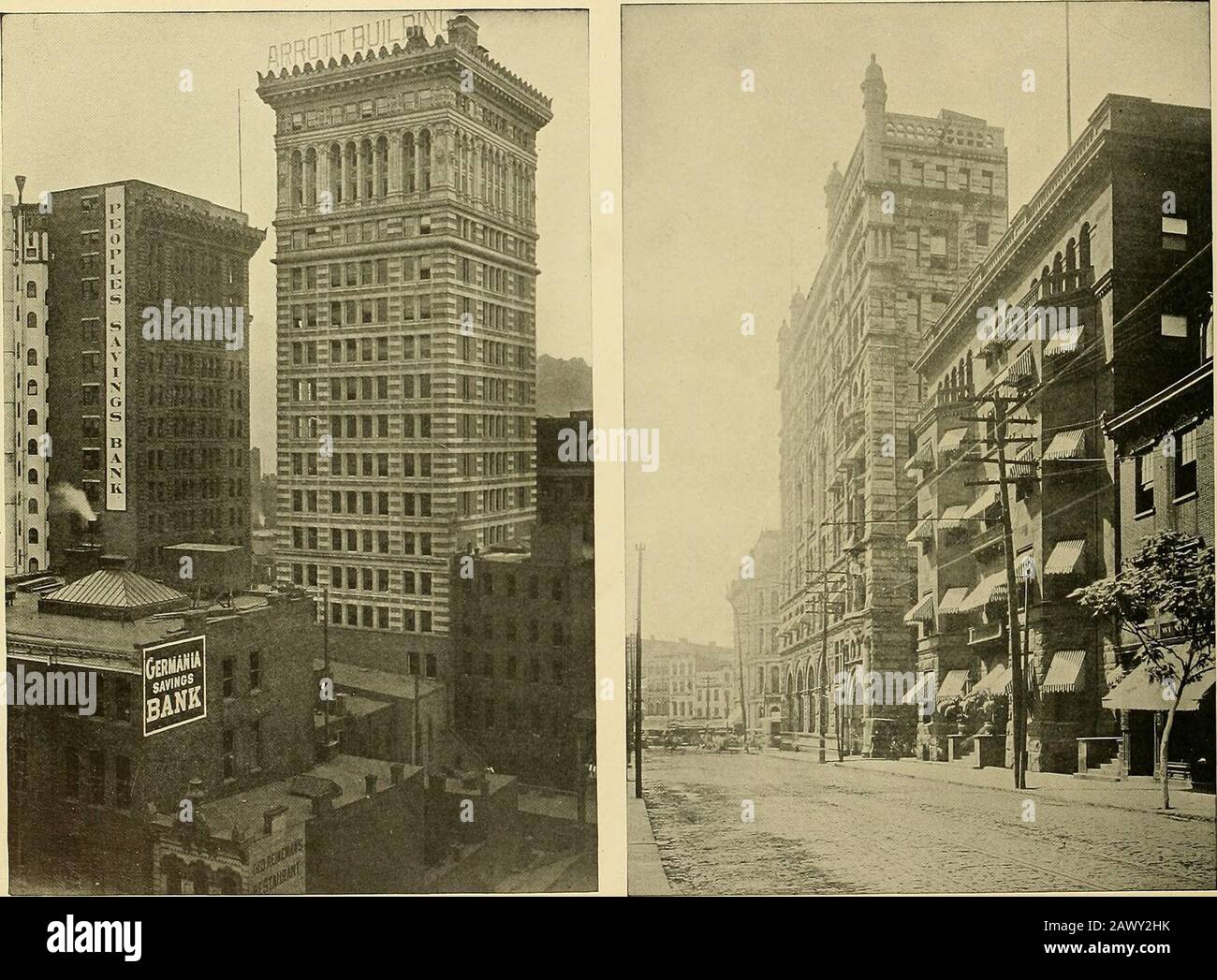 Greater Pittsburg. Memorial Halleerected zu Ehren der Soldaten und Matrosen des Allegheny County. Foto, R. W. Johnston Studios, Pittsburgh... PEOPLES SAVINGS BANK UND ARROTT BUILDINGS, DEUTSCHE NATIONALBANK UND DUQUESNE VEREINSGEBÄUDE. Fourth AVENUE SIXTH AVENUE Die drei gezeigten Bürogebäude sind besonders feine Exemplare der künstlerischen Wolkenkratzarchitektur. Der Duquesne Club, der die große Struktur der Rechten einnimmt, wurde im Jahr 1873 organisiert und zählt jetzt elfhundert Mitglieder. Die repräsentativste Cluborganisation in Pittsburgh. Stockfoto