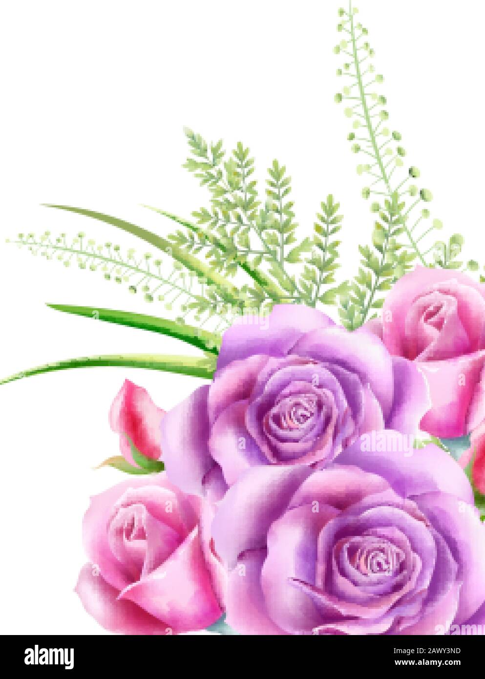 Aquarell Rosa Rosenblümchen mit grünen Blättern im Hintergrund. Federvektor Stock Vektor
