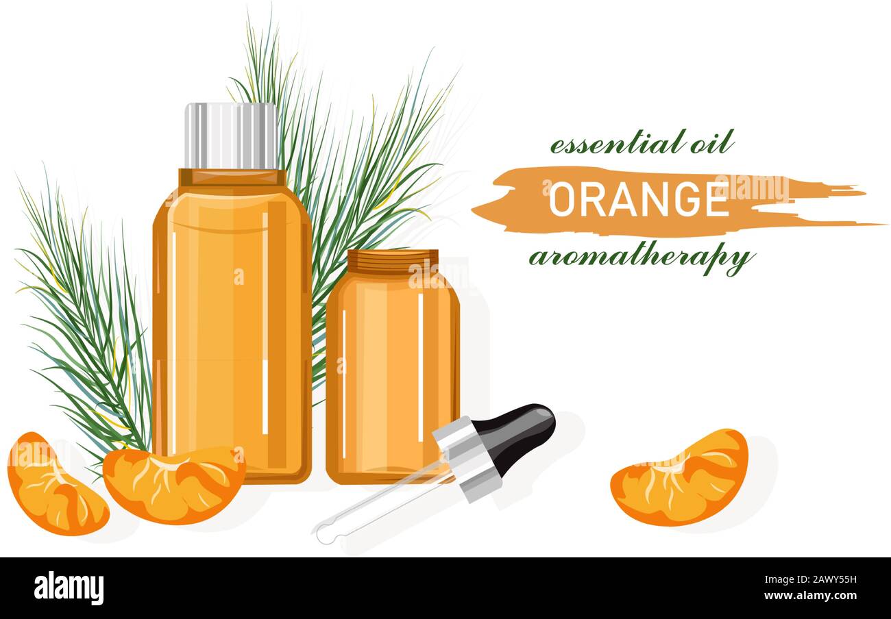 Orangefarbene ätherische Ölflasche mit Tropper. Aus Obst. Ideenvektor für natürliche Aromatherapie. Hintergrundbelässt Stock Vektor