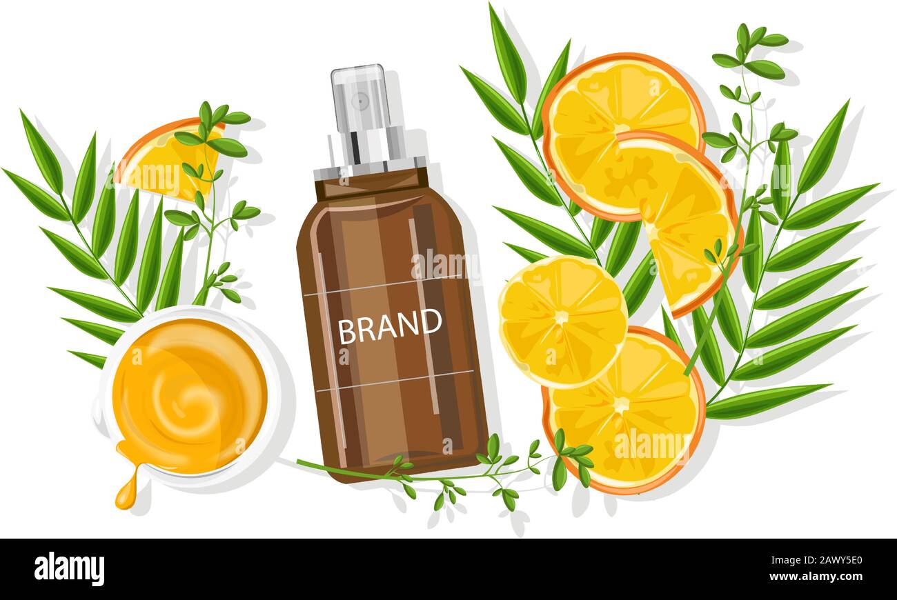 Orangefarbene, essentielle Sprühflasche. Aus Obst. Ideenvektor für natürliche Aromatherapie. Grüne Blätter im Hintergrund Stock Vektor