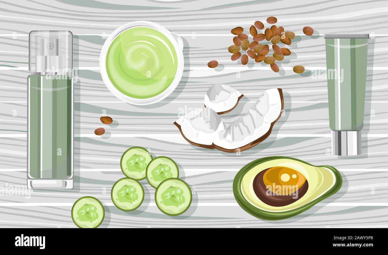 Bio Avocado Behandlungsmittel mit Sprühflaschen und Röhrchen. Kokos- und Gurkenscheiben. Holzhintergrund. Natürlicher Kräuterkosmetischer Vektor Stock Vektor