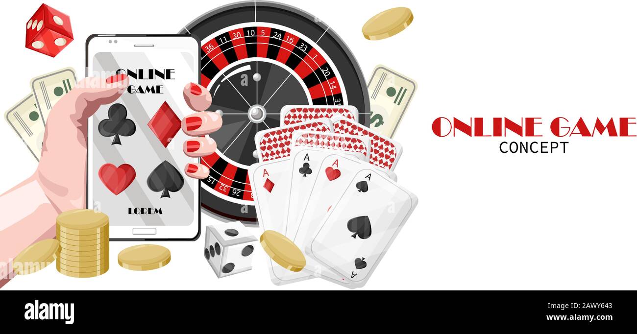 Casino Online-Spiel mit Frauen Hände halten Handy, gewinnen Jackpot und Roulette Spiel. Münzen und Würfel fliegen. Vektor Stock Vektor