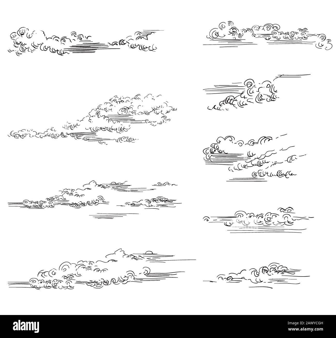 Vector Hand Drawing Set aus Wolken verschiedene Formen in schwarzer Farbe isoliert auf weißem Hintergrund. Monochrome Vintage-Wolken. Vektordarstellung der Clou Stock Vektor
