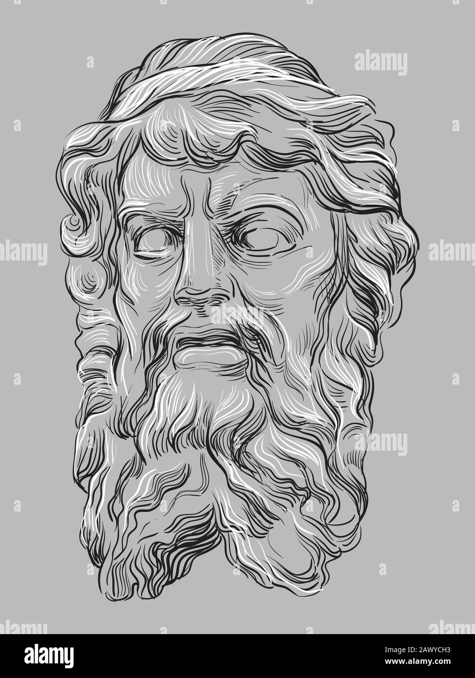 Altes Stein-Basrelief in Form eines menschlichen Kopfes mit Bart, Vektorhandzeichnung in schwarz-weißen Farben isoliert auf grauem Backgrot Stock Vektor