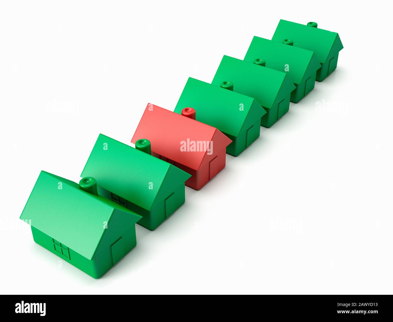 Rotes Haus in einer Reihe von Häusern, erschwingliches Wohnungskonzept Stockfoto