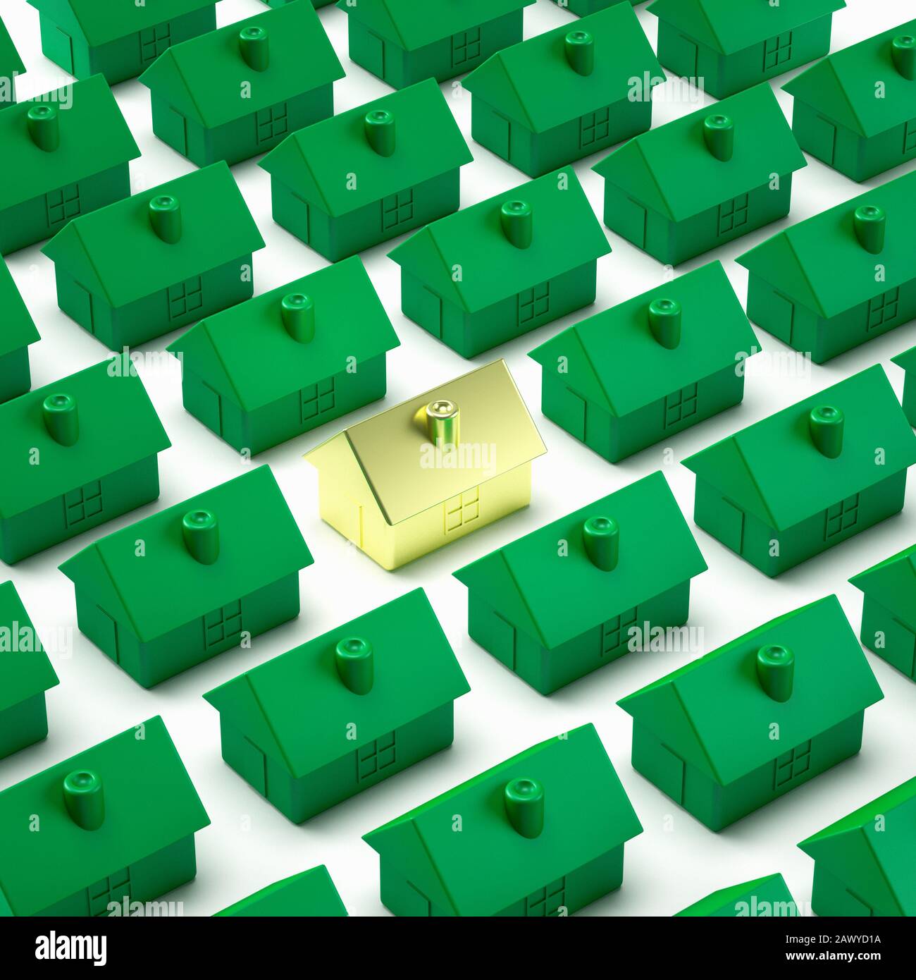 Hauspreise, Verkauf, Kaufkonzept. Goldenes Haus unter vielen Häusern Stockfoto