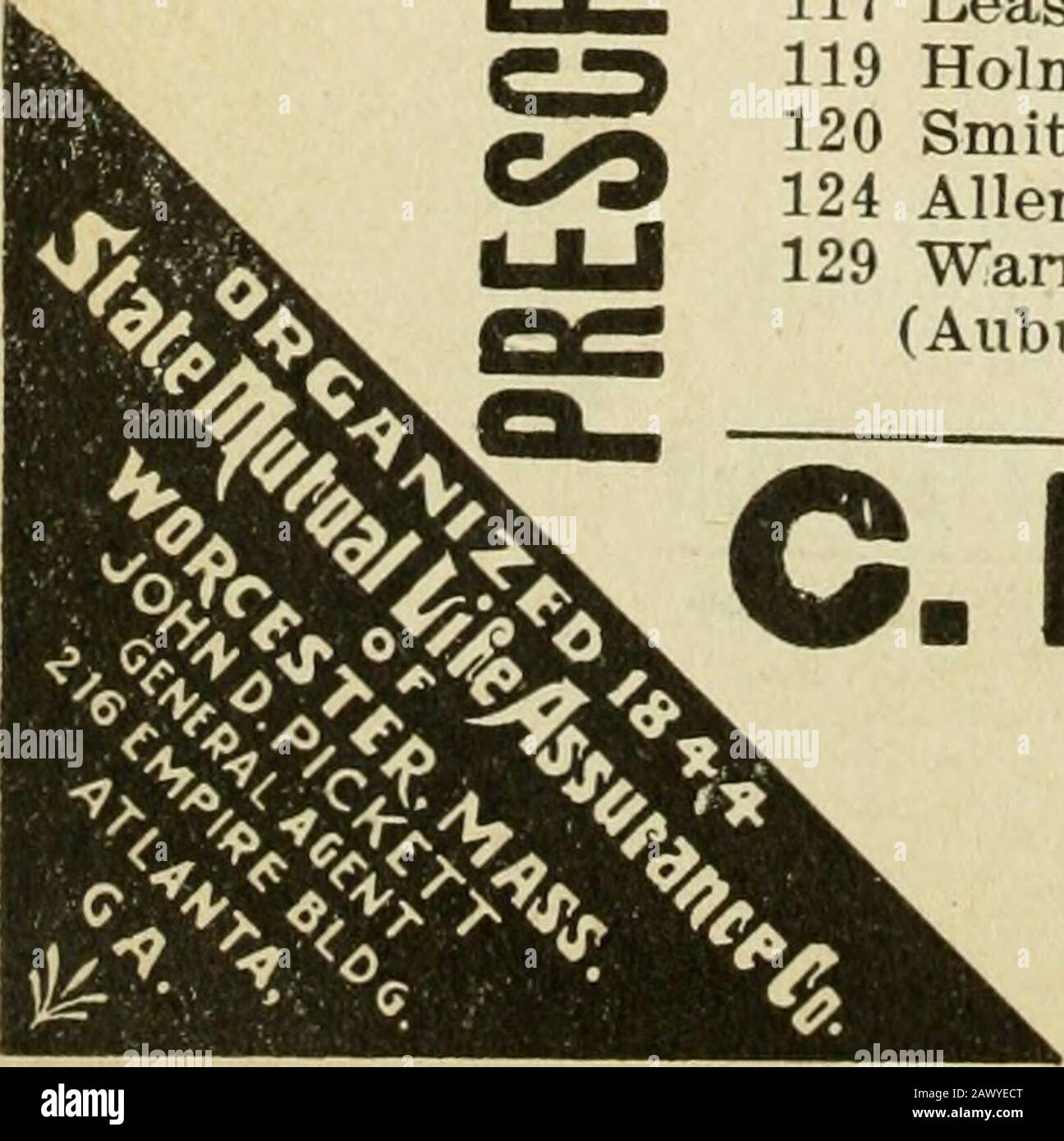 Atlanta Stadtverzeichnis . ,, ab 21Crew e halbem Block £ iz COUNTY LINE ROAD, Ost25 * Grenze von Atlanta und "? 2 Fulton County COURTLAND, von 110 Deca-tur n bis 81 E North Ave, 1e von Ivy 251/^ Vakant 28 Laster Alfred (c) 38 Cummings Anderson B (c) 39 Hawkins Mamie (c)40-44 Miller & Karwisch 45 Crawfoi-d Benjamin B (c)451/^ Hawkins Julia (c)50 Brown John W (c) 53 Carson Martha (c) 54 Bruner John W (c) 56 George Butler (59 Abrac) Harris Cohen Morris 63 Boys High School (Gilmer Intersects)79 Stomakin Israel81 Malcolm Clem MRS 85 Ector Dollie Miss 86 Lynch John J 87 Kimbro Maggie M MRS Stockfoto