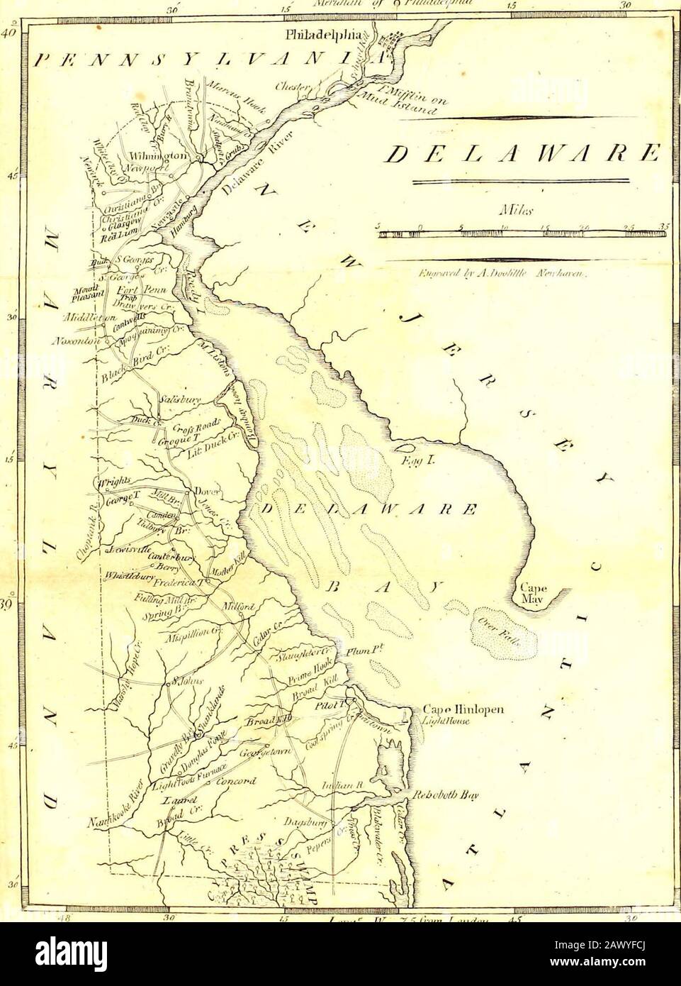 Careys amerikanischer Taschenatlas mit zwanzig Karten... mit einer kurzen Beschreibung der einzelnen Bundesstaaten und Louisianas: Auch die Zählung der Einwohner der Vereinigten Staaten für 1801 und Die Exporte aus den Vereinigten Staaten für zehn Jahre . rt-Kurs, weiche Banken, taube Ungeruhstoff-Schuhlen, sind mit sehr ausgedehnten Sümpfen durchsetzt, undleer in den Fluss und die Bucht von Delaware. In den südlichen und westlichen Teilen dieses Staates entspringen die Hauptwasserquellen der Flüsse Pokomoke, Wicomico, Nanticoke, Choptank, Ches-ter, Sassafras und Bohemia, die alle die Bucht von Chesapeak leeren. Einige davon sind zweiunddreißig Meilen befahrbar Stockfoto