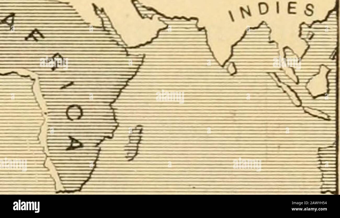 Die amerikanische Geschichte des Anfängers. Diese Karte zeigt, wie Kolumbus (ohne zu wissen, dass Amerika in der Art lag) Asien und die Ostindien durch den Westen toreach hoffte. 5. Der Plan von Kolumbus für das erreichen der Inseln durch Segelingwest. - Während er in Lissabon lebte, machte Kolumbus seine Denkweise aus, zu versuchen, das zu tun, was damals noch kein anderer Mann versucht hatte, 1 Siehe Karte auf Seite 2. 4 DER ANFÄNGER der amerikanischen GESCHICHTE - das sollte den Atlantik überqueren. Er dachte, dass er auf diese Weise direkt nach Asien und Indien gelangen könnte, was seiner Meinung nach Portugal und Spanien gegenüber war. Ifsuccessful, konnte er einen sehr Profi eröffnen Stockfoto