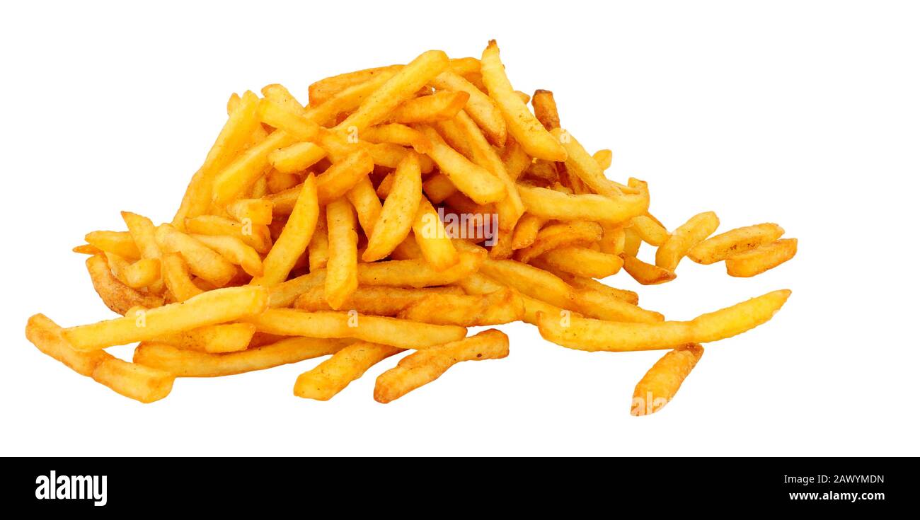 Gruppe knuspriger goldener Pommes frites isoliert auf weißem Grund Stockfoto