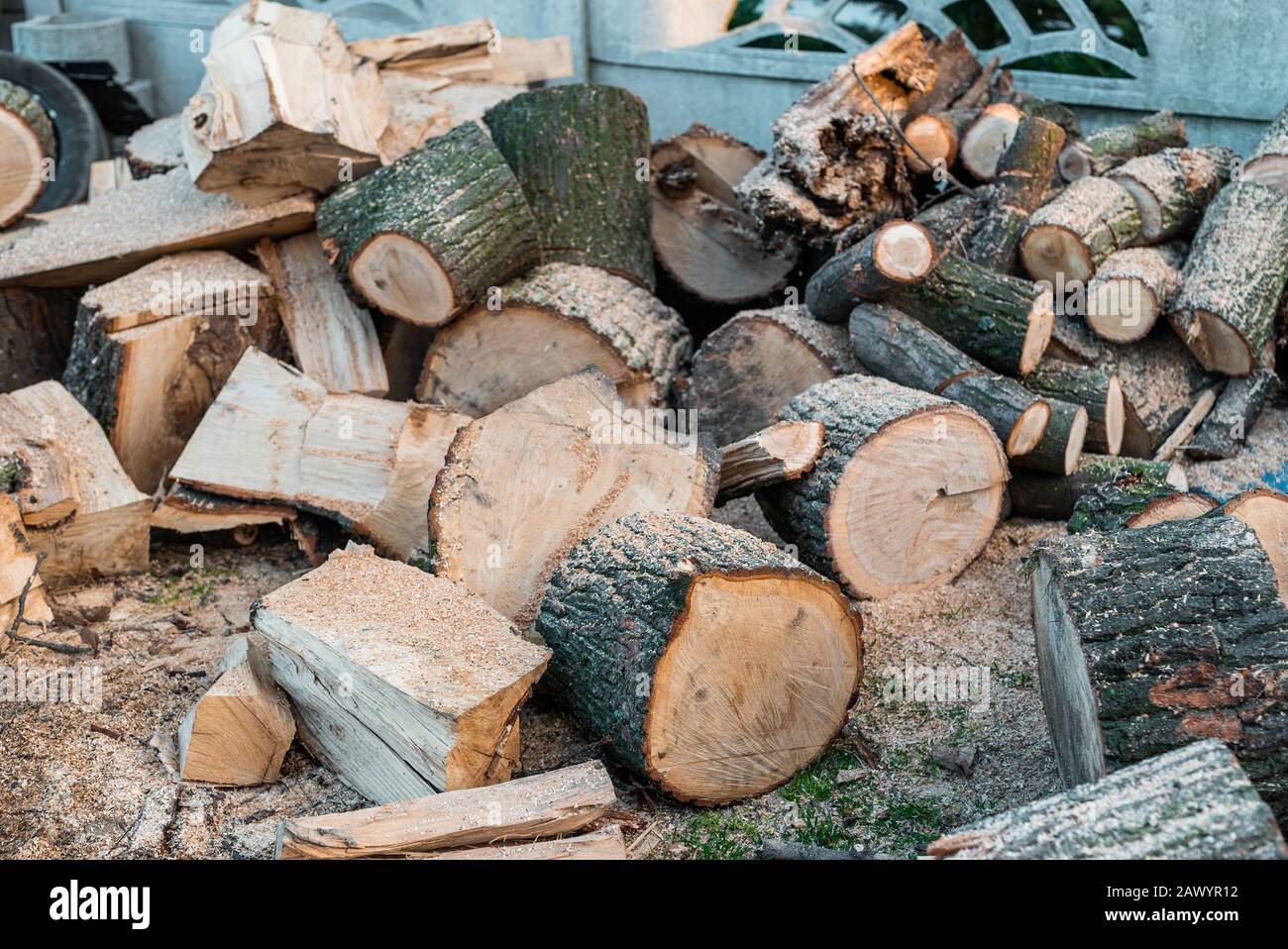 Im Freien gehackte Brennholz und Sägespäne Stockfoto