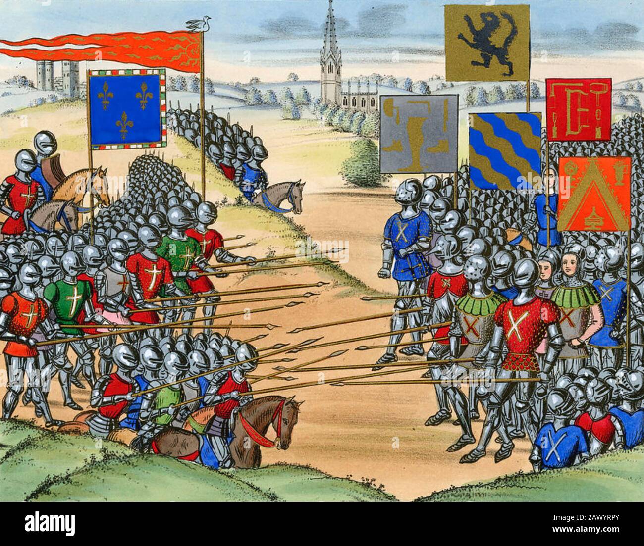 Schlacht VON Roosebeke 27. November 1382 zwischen der französischen Armee unter Louis II. Von Flanderns links und einer flämischen Armee unter Philip van Artevelde. Beachte die Taube, die den Sieg auf der roten Flagge von Louis links kennzeichnet Stockfoto