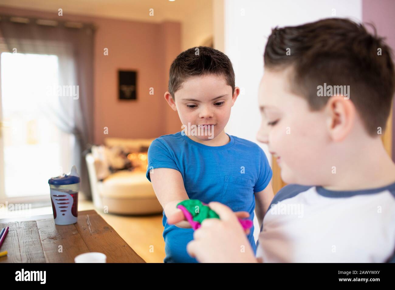 Junge mit Down-Syndrom und Bruder spielen Stockfoto
