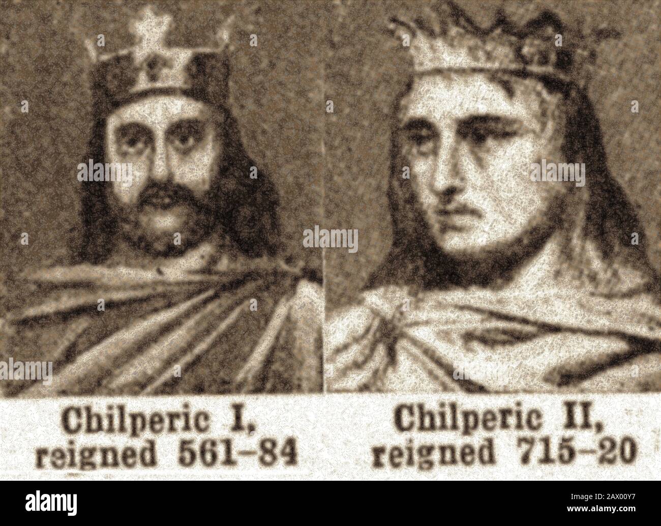 Porträts der merowigischen Könige der Franken, Chilperic I, 539-584 (Burgunder/ /Neustria/ Soissons) und Chilperic II (718-721) Er war vor seiner Krönung als Daniel bekannt. (Diese modernen Daten stehen im Widerspruch zu denen auf der Abbildung. Diese Könige werden manchmal Hilperich genannt. Stockfoto