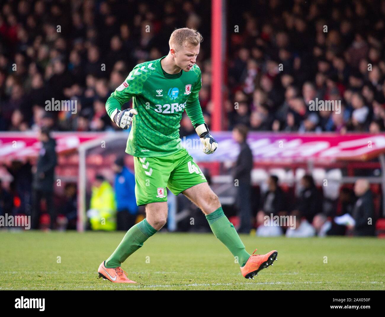 London, Großbritannien. Februar 2020. Middlesbrough Aynsley Birds während des Sky Bet Championship Matches zwischen Brentford und Middlesbrough im Griffin Park, London, England am 8. Februar 2020. Foto von Andrew Aleksiejczuk/Prime Media Images. Kredit: Prime Media Images/Alamy Live News Stockfoto