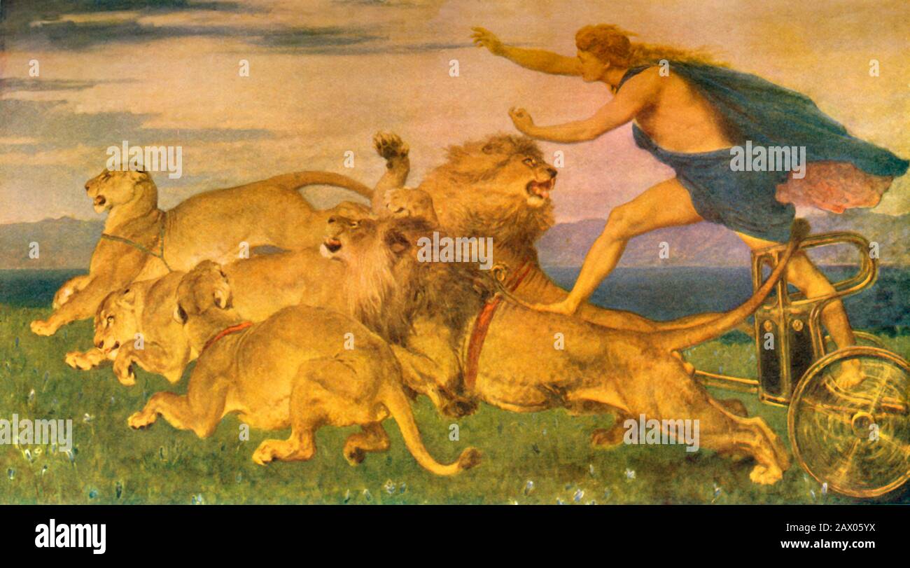 "Phoebus Apollo", 1895, (c!). Als Admetus Prinzessin Alcestis heiraten wollte, sorgte Apollo, eine Olympische Gottheit in der griechischen und römischen Mythologie, für einen Wagen, der von Löwen gezogen wurde. Öl auf Leinwand im Birmingham Museum und in der Art Gallery. Von "Classic Myth and Legend", von A. R. Hope Moncrieff. [The Gresham Publishing Company Limited, London, ] Stockfoto