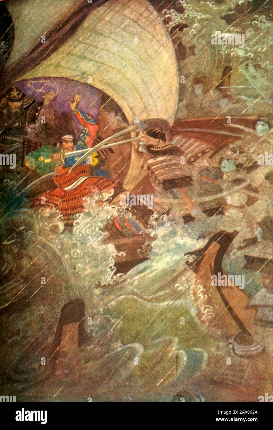 "Yoshitune und Benkei griffen von einer gespenstischen Gesellschaft des Taira Clans an", 1912. Minamoto no Yoshitsune, ein Militärkommandeur und Benkei, ein japanischer Kriegsmönch der späten Heian-Zeit kämpfen im Genpei-Krieg gegen eine Seeschlacht. Von "Myths &amp; Legends of Japan", von F. Harland Davis. [George G. Harrap &amp; Company, London, 1912] Stockfoto