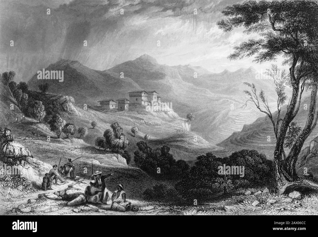'Dorf Naree', im Jahre 18338. Von "Indien - Landschaft des Himalaya-Gebirges", von Lieut. George Francis White, vom 31. Regt. [Fisher, Son &amp; Co., London &amp; Paris, 181] Stockfoto