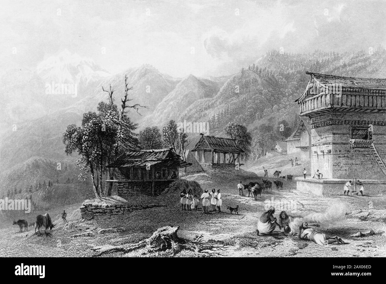 "Dorf Khandoo, am Berg Choor", im Jahre 18338. Von "Indien - Landschaft des Himalaya-Gebirges", von Lieut. George Francis White, vom 31. Regt. [Fisher, Son &amp; Co., London &amp; Paris, 181] Stockfoto