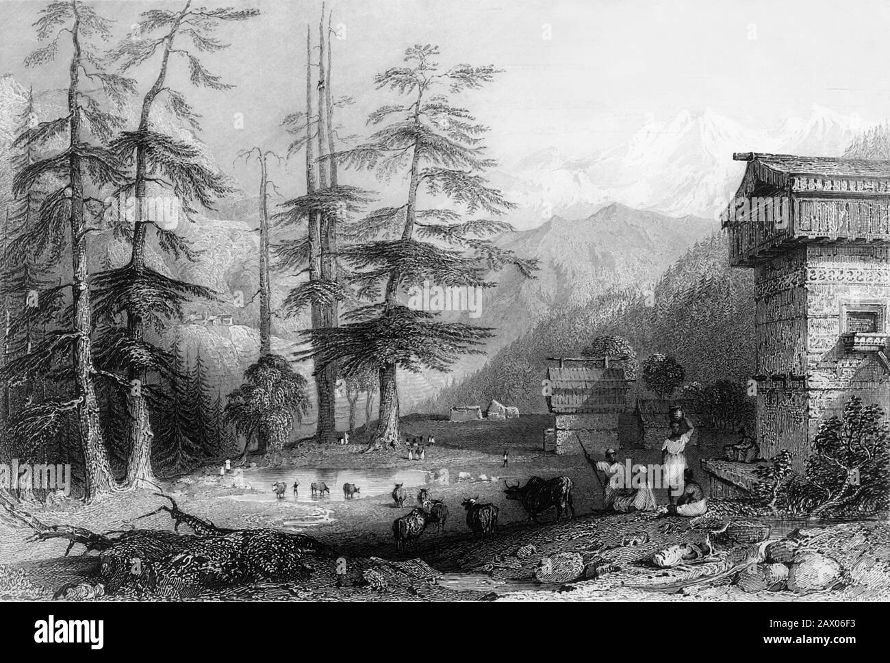 "Dorf Koghera und Deodar Forest, in der Nähe des Choor", im Jahre 1835m. Von "Indien - Landschaft des Himalaya-Gebirges", von Lieut. George Francis White, vom 31. Regt. [Fisher, Son &amp; Co., London &amp; Paris, 181] Stockfoto