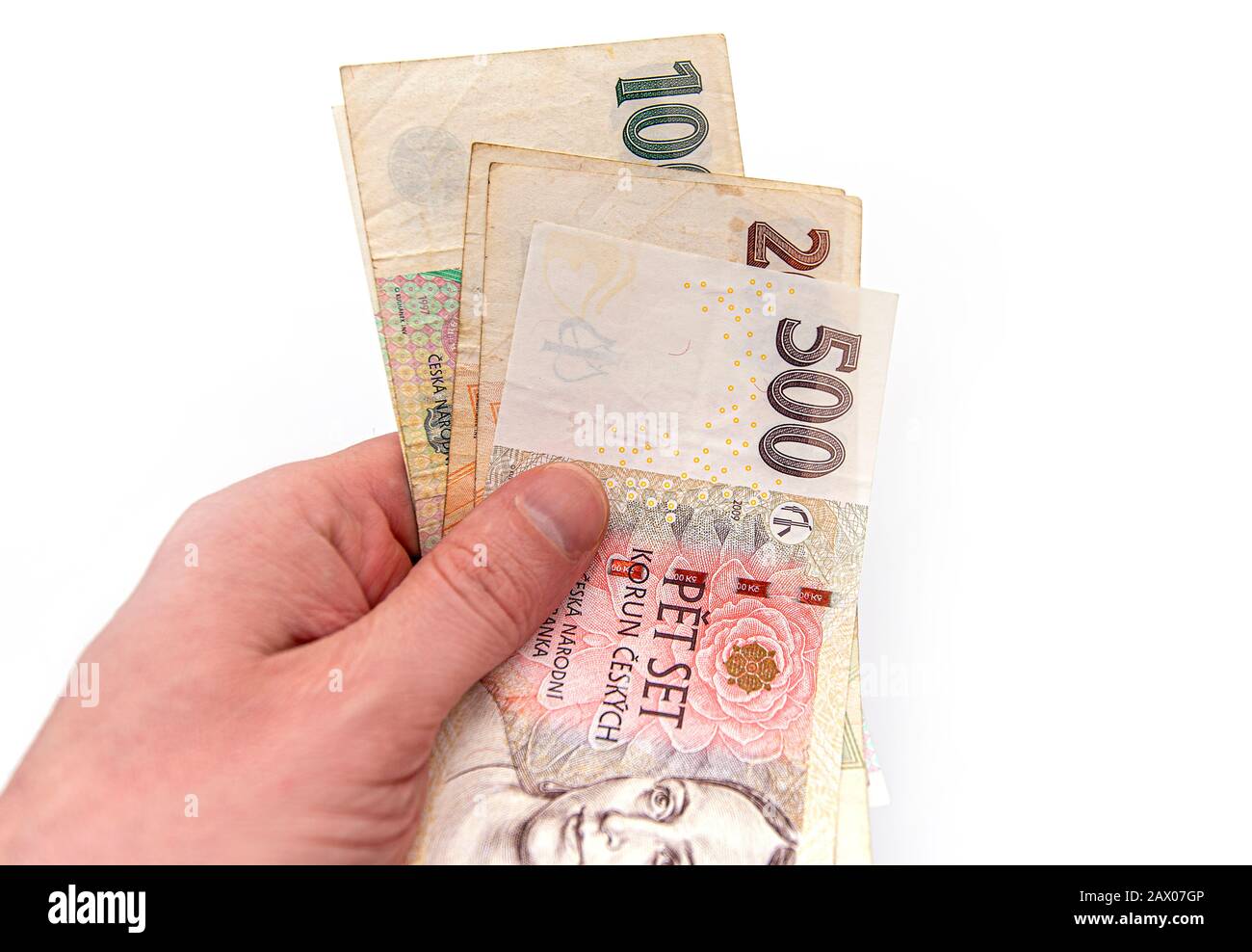 Nahaufnahme tschechischer Geld, 500, 200, 100 tschechische Korun-Banknoten Stockfoto