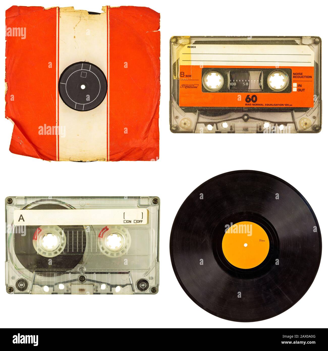 Set aus retro-Kompaktkassetten und Schallplattenalben isoliert auf weißem Hintergrund Stockfoto