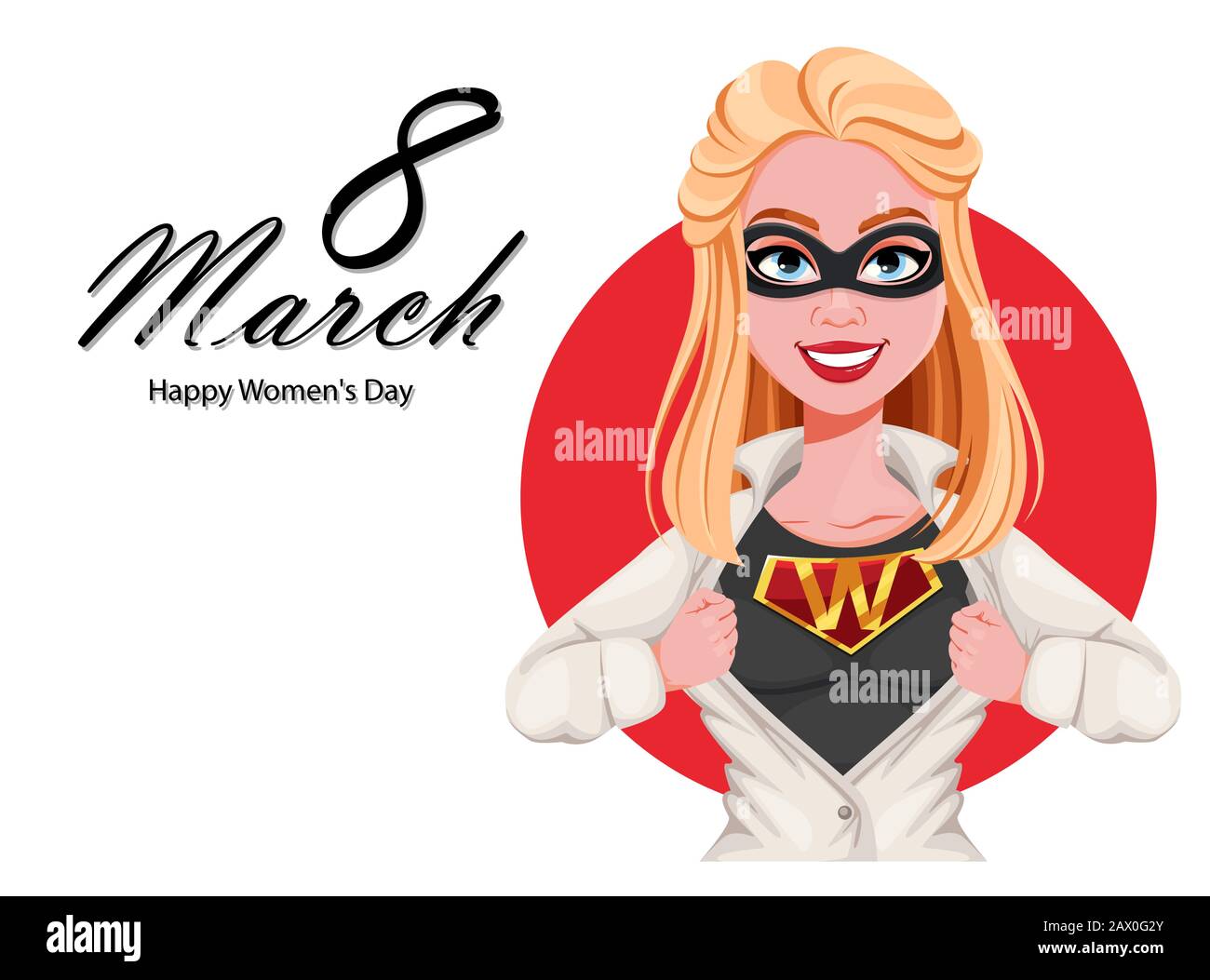 Glückwunschkarte Für Den Frauentag. Superhelden-Zeichentrickfigur der Frau. Vektor-Darstellung des Lagerbestands Stock Vektor